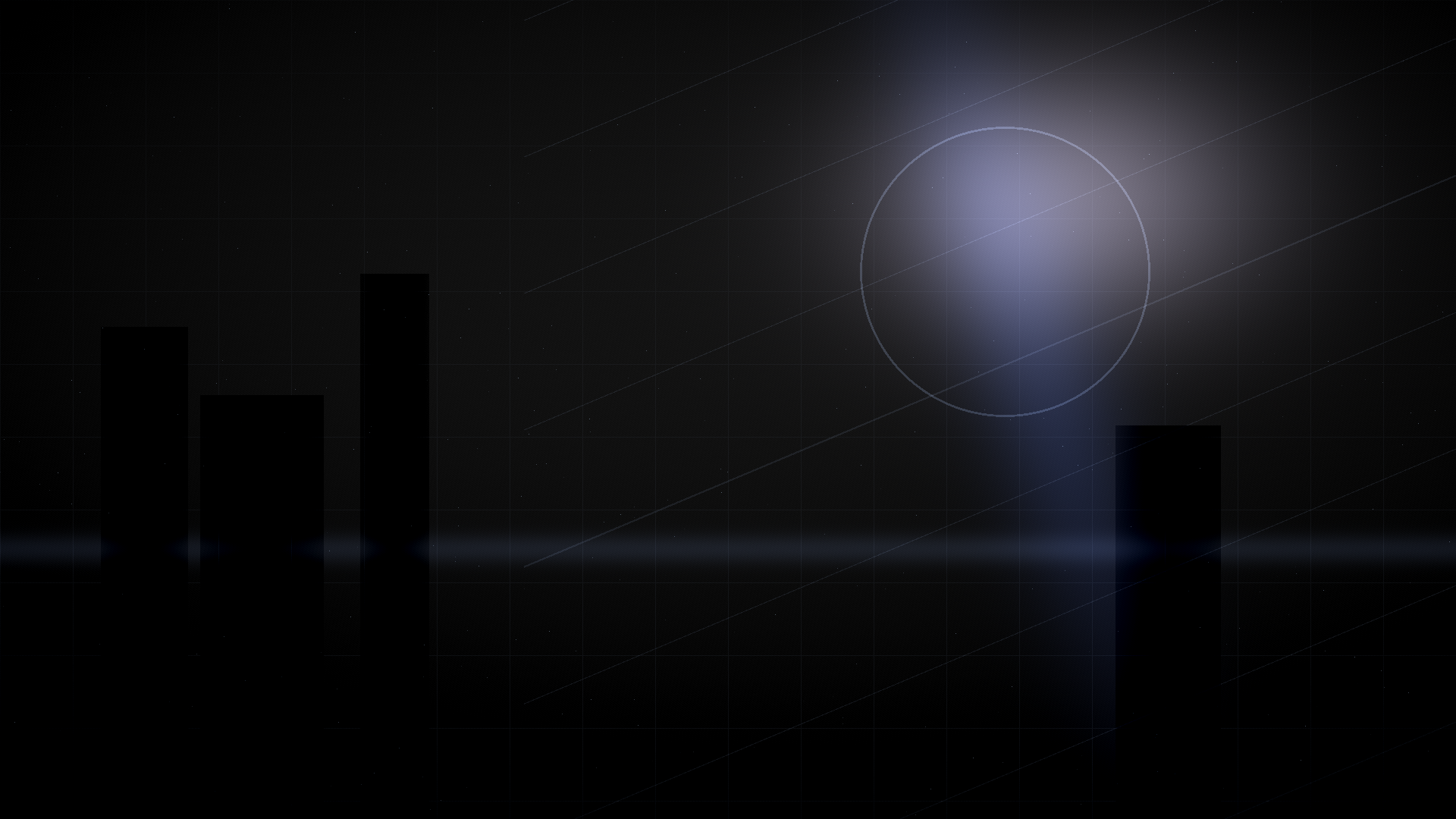 Abstract moonlit architecture with faint scientific markings in deep shadow.